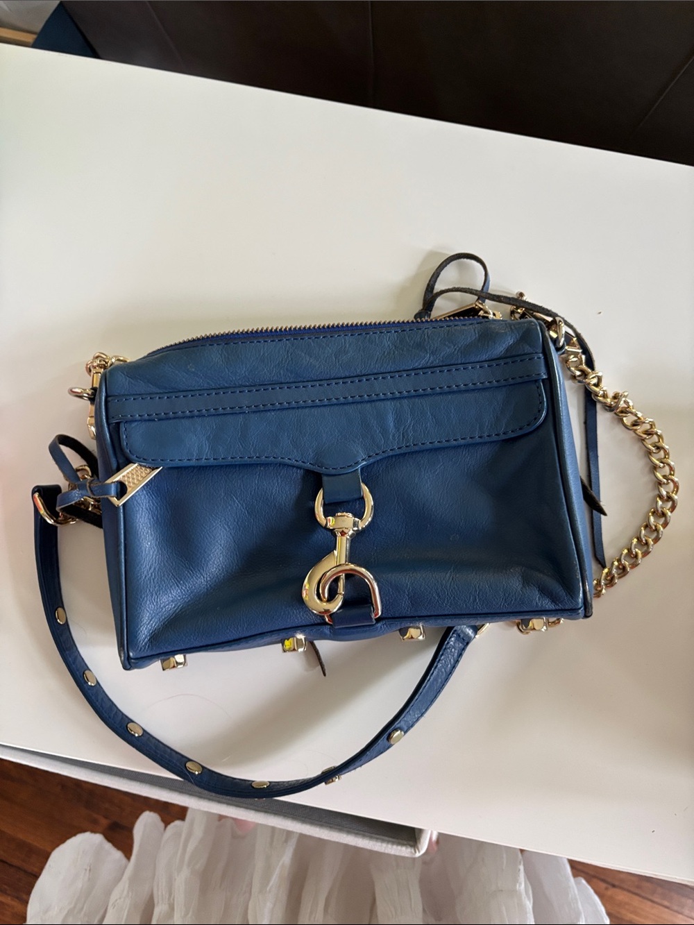 Rebecca Minkoff Navy Blue Leather Mini MAC Crossbody with Gold Hardware
